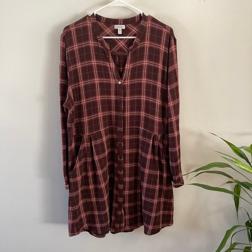 Garnet Hill Reddish Brown Plaid Cotton Shirt Dress Cabincore 18 Rustic Country
